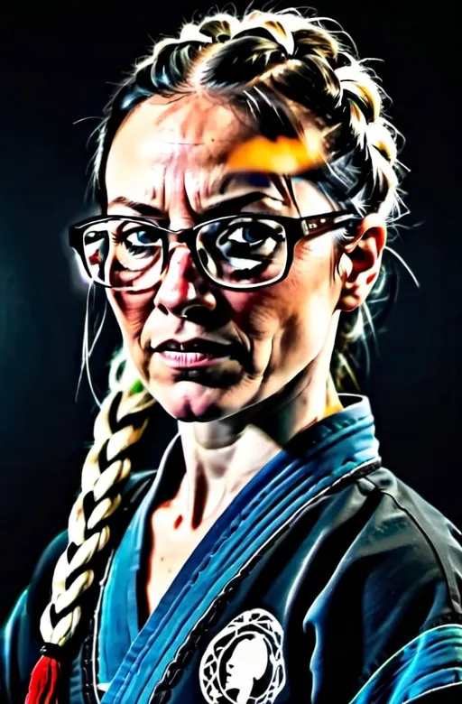 Prompt: White woman wearing glasses. Middle-aged. Black braided ponytail. Martial artist. 