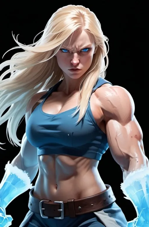 Prompt: Female figure. Greater bicep definition. Sharper, clearer blue eyes. Nosebleed. Long Blonde hair flapping. Frostier, glacier effects. Fierce combat stance. Raging Fists. Icy Knuckles.