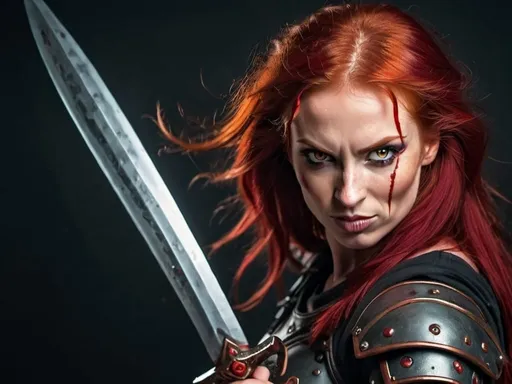 Prompt: Evil red-haired warrior woman with a mischievous grin. Carmine, red eyes. Fierce combat stance.