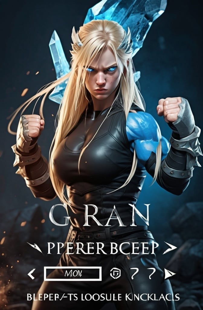 Prompt: Female figure. Greater bicep definition. Sharper, clearer blue eyes. Nosebleed. Long Blonde hair flapping. Frostier, glacier effects. Fierce combat stance. Raging Fists. Icy Knuckles.