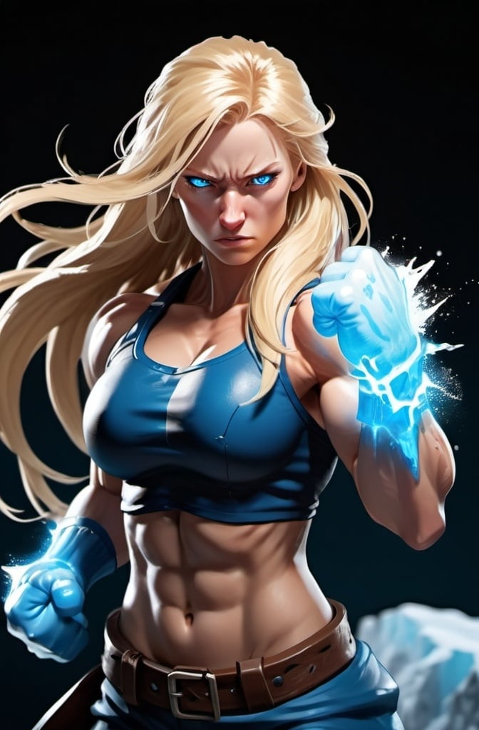 Prompt: Female figure. Greater bicep definition. Sharper, clearer blue eyes. Nosebleed. Long Blonde hair flapping. Frostier, glacier effects. Fierce combat stance. Raging Fists. Icy Knuckles. 