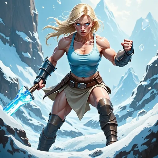 Prompt: @lbK8EQWu1r8WEqH2g1L6 is wielding a sword made of ice, standing in a dynamic pose. 