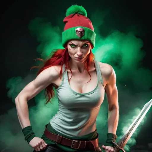 Prompt: Evil red-haired warrior woman, wearing a green beanie and a mischievous smirk. Carmine, red eyes. Fierce combat stance. 