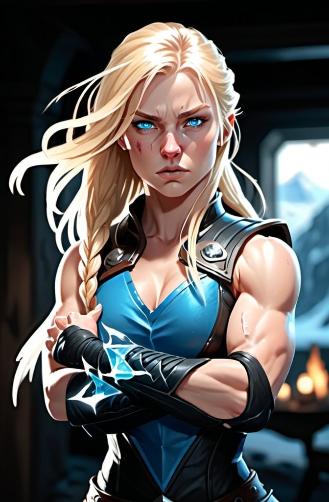 Prompt: Female figure. Greater bicep definition. Sharper, clearer blue eyes. Nosebleed. Long Blonde hair flapping. Frostier, glacier effects. Fierce combat stance. Wielding Ice Daggers. 