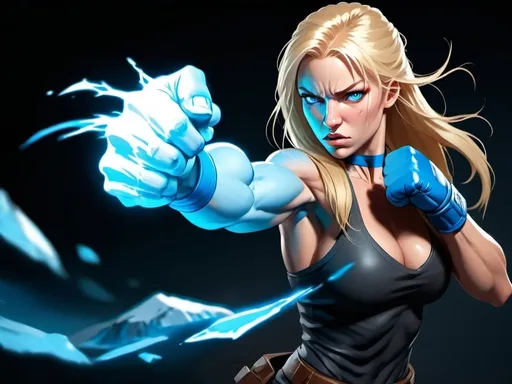 Prompt: Female figure. Greater bicep definition. Sharper, clearer blue eyes. Nosebleed. Long Blonde hair flapping. Frostier, glacier effects. Fierce combat stance. Raging Fists. 