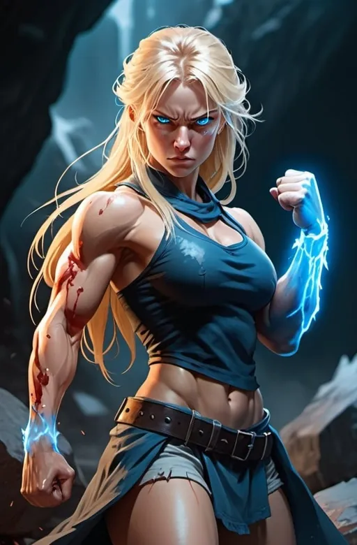 Prompt: Female figure. Greater bicep definition. Sharper, clearer blue eyes. Bleeding. Long Blonde hair flapping. Frostier, glacier effects. Fierce combat stance. Raging Fists. 