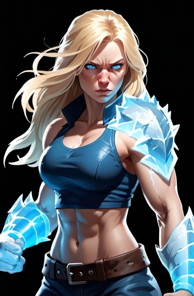 Prompt: Female figure. Greater bicep definition. Sharper, clearer blue eyes. Nosebleed. Long Blonde hair flapping. Frostier, glacier effects. Fierce combat stance. Raging Fists. Icy Knuckles. 