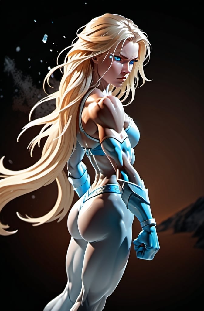 Prompt: Female figure. Greater bicep definition. Sharper, clearer blue eyes. Nosebleed. Long Blonde hair flapping. Frostier, glacier effects. Fierce combat stance. Icy Knuckles.