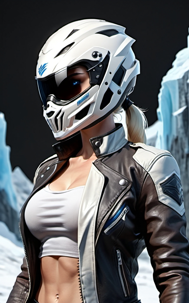 Prompt: Female figure. Greater bicep definition. Sharper, clearer blue eyes.  Frostier, glacier effects. Blonde hair. Fierce combat stance. Leather Jacket. Riding Motorcycle.