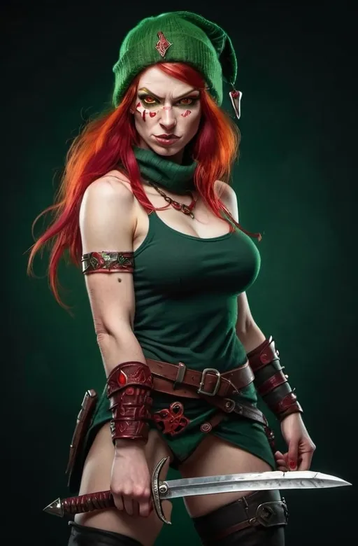 Prompt: Evil red-haired warrior woman With Carmine Red eyes, wearing a green beanie and a mischievous smirk. Carries daggers.