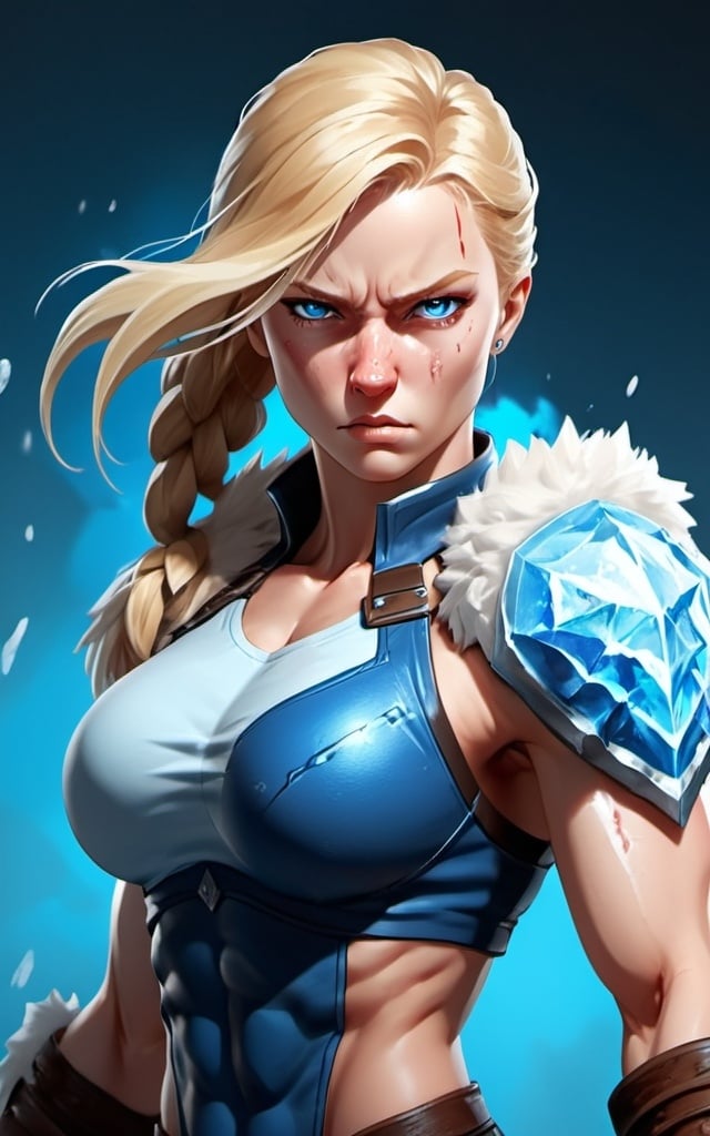 Prompt: Female figure. Greater bicep definition. Sharper, clearer blue eyes. Nosebleed. Long Blonde hair flapping. Frostier, glacier effects. Fierce combat stance. Raging Fists. Icy Knuckles. 