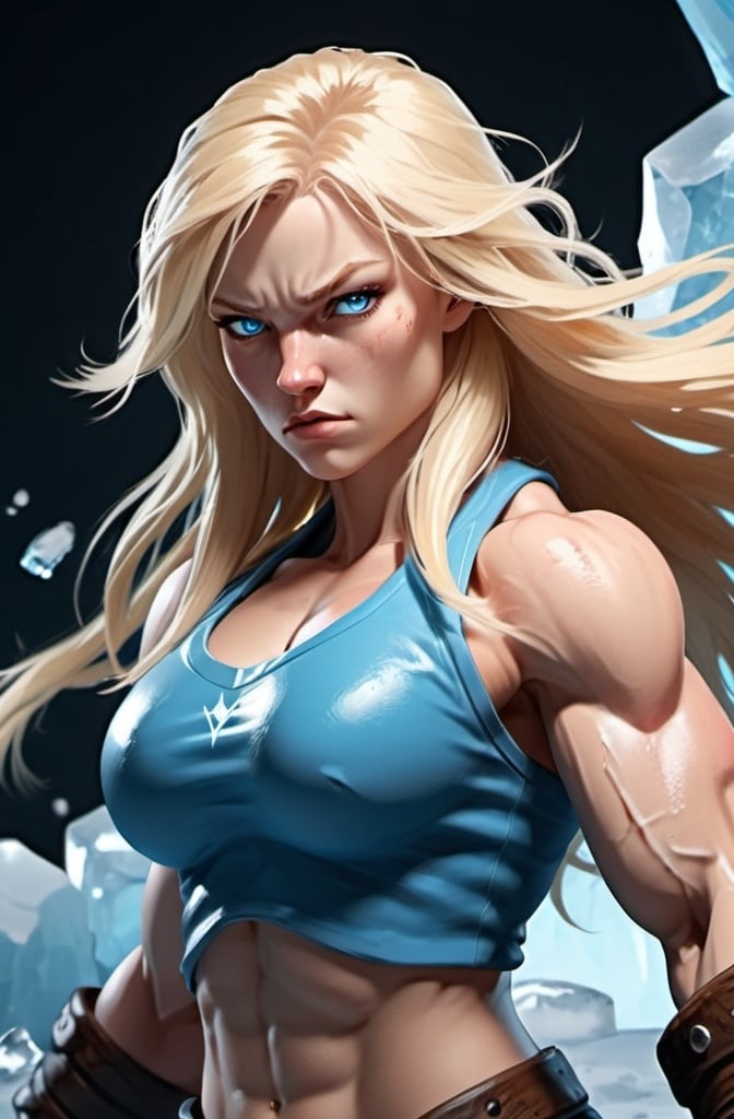 Prompt: Female figure. Greater bicep definition. Sharper, clearer blue eyes. Nosebleed. Long Blonde hair flapping. Frostier, glacier effects. Fierce combat stance. Raging Fists. Icy Knuckles. 