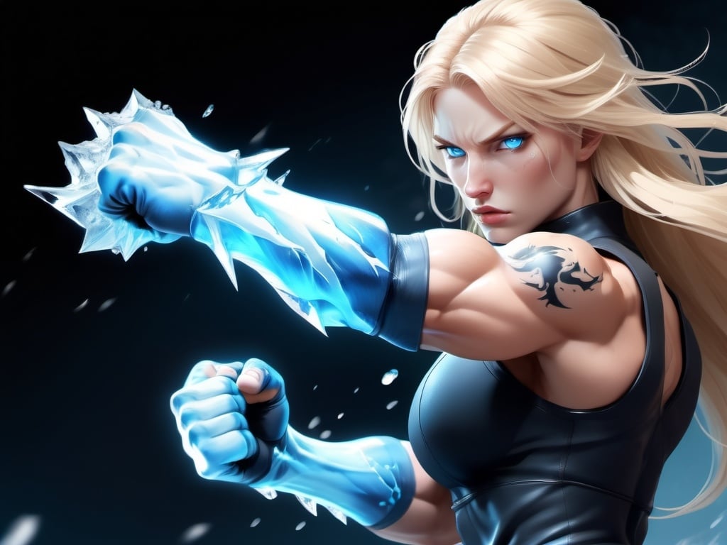 Prompt: Female figure. Greater bicep definition. Sharper, clearer blue eyes. Nosebleed. Long Blonde hair flapping. Frostier, glacier effects. Fierce combat stance. Raging Fists. Icy Knuckles.