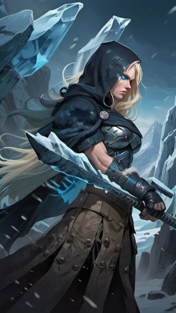 Prompt: Female figure. Greater bicep definition. Sharper, clearer blue eyes. Nosebleed. Long Blonde hair flapping. Frostier, glacier effects. Fierce combat stance. Raging Fists. Icy Knuckles. 