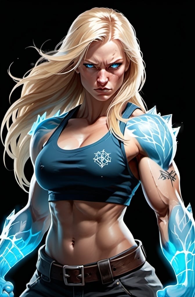 Prompt: Female figure. Greater bicep definition. Sharper, clearer blue eyes. Nosebleed. Long Blonde hair flapping. Frostier, glacier effects. Fierce combat stance. Raging Fists. Icy Knuckles. Keep Tattoo on the shoulder. 