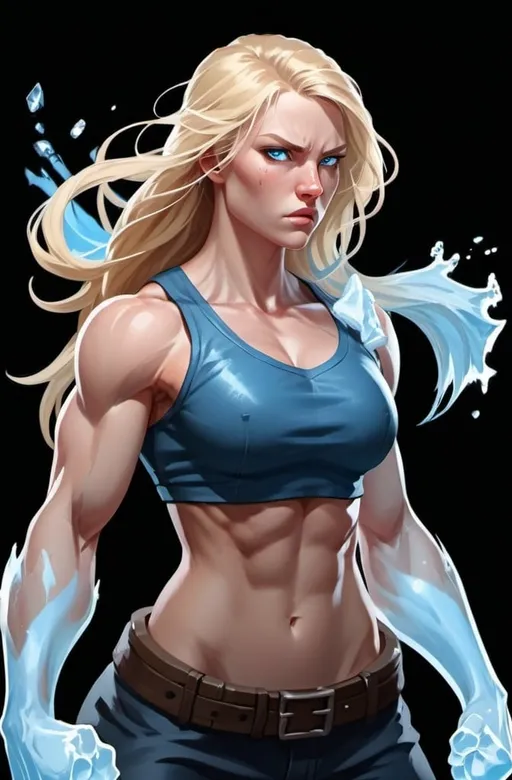 Prompt: Female figure. Greater bicep definition. Sharper, clearer blue eyes. Nosebleed. Long Blonde hair flapping. Frostier, glacier effects. Fierce combat stance. Raging Fists. Icy Knuckles. 