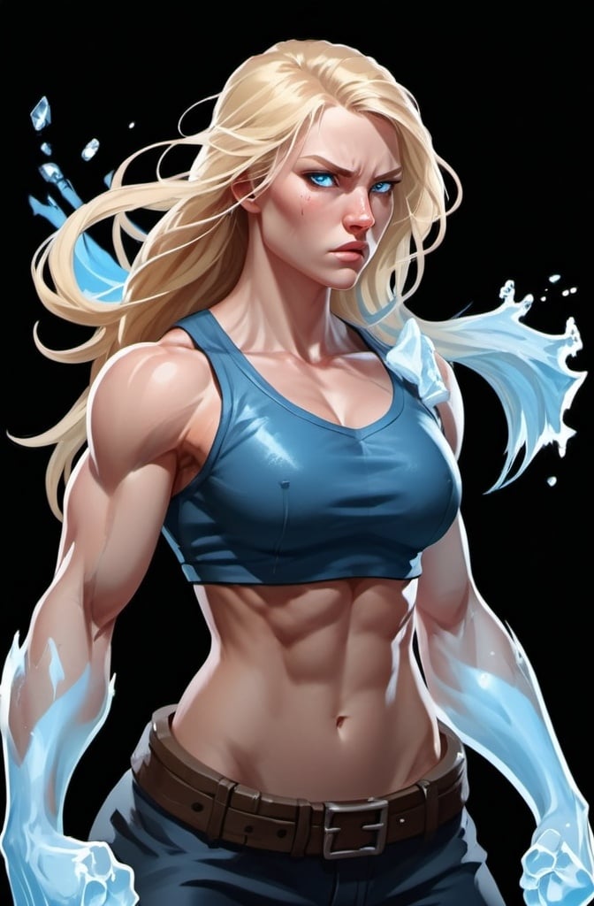 Prompt: Female figure. Greater bicep definition. Sharper, clearer blue eyes. Nosebleed. Long Blonde hair flapping. Frostier, glacier effects. Fierce combat stance. Raging Fists. Icy Knuckles. 