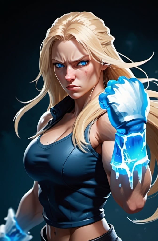 Prompt: Female figure. Greater bicep definition. Sharper, clearer blue eyes. Nosebleed. Long Blonde hair flapping. Frostier, glacier effects. Fierce combat stance. Raging Fists. Icy Knuckles.