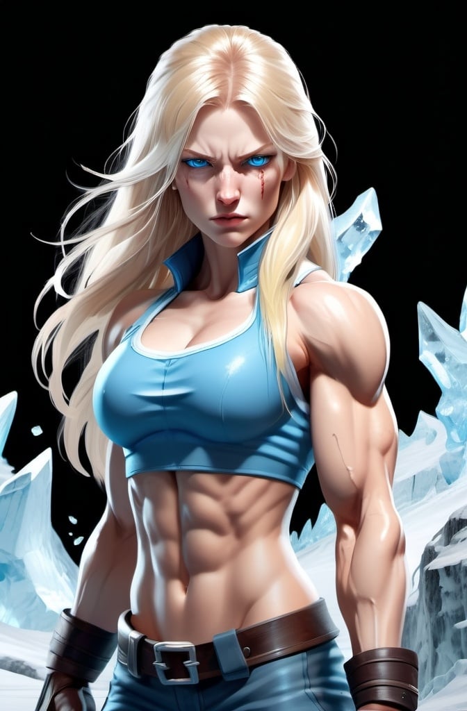 Prompt: Female figure. Greater bicep definition. Sharper, clearer blue eyes. Nosebleed. Long Blonde hair flapping. Frostier, glacier effects. Fierce combat stance. Raging Fists. Icy Knuckles.