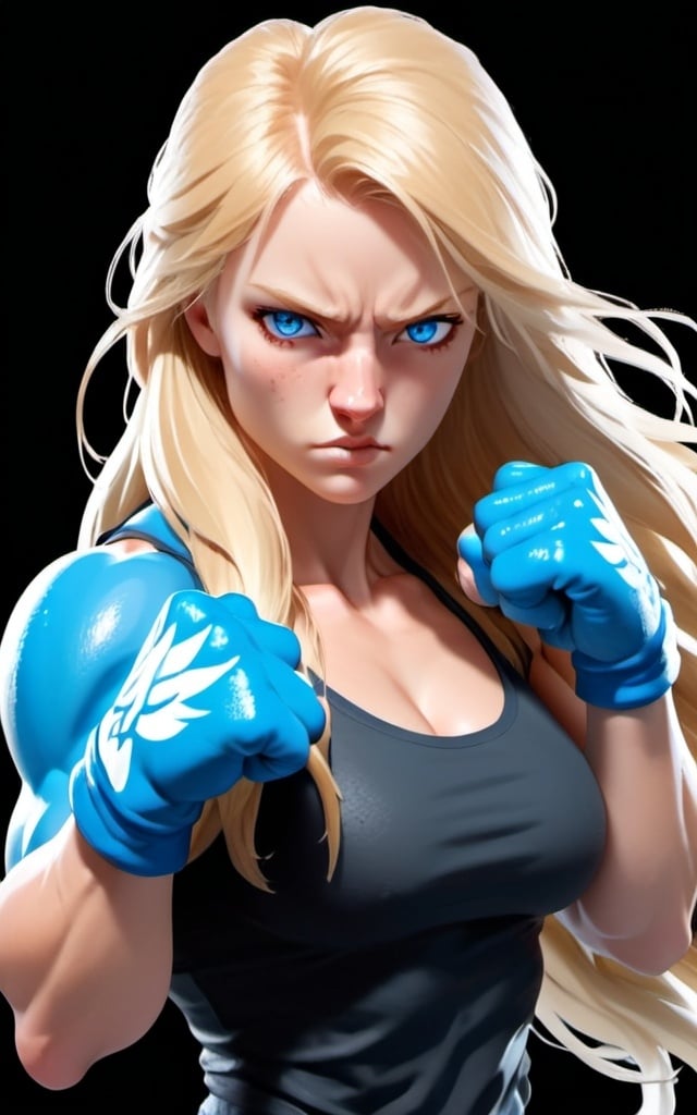 Prompt: Female figure. Greater bicep definition. Sharper, clearer blue eyes. Nosebleed. Long Blonde hair flapping. Frostier, glacier effects. Fierce combat stance. Raging Fists. Icy Knuckles. 