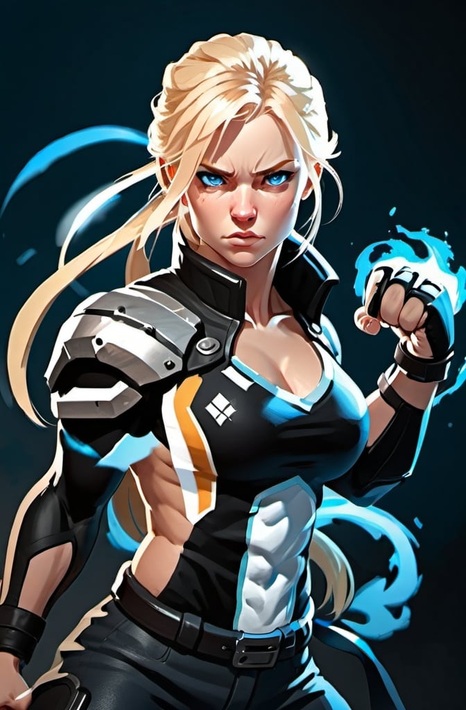 Prompt: Female figure. Greater bicep definition. Sharper, clearer blue eyes. Blonde hair.  Frostier, glacier effects.  Fierce combat stance. Raging Fists. 