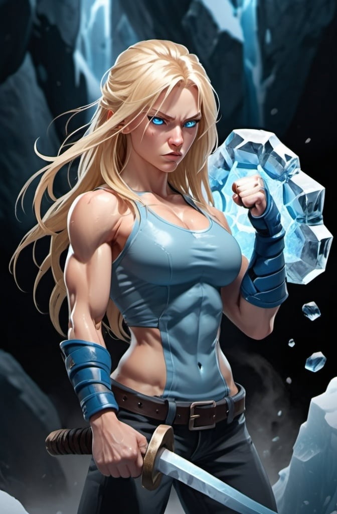 Prompt: Female figure. Greater bicep definition. Sharper, clearer blue eyes. Nosebleed. Long Blonde hair flapping. Frostier, glacier effects. Fierce combat stance. Raging Fists. Icy Knuckles. 