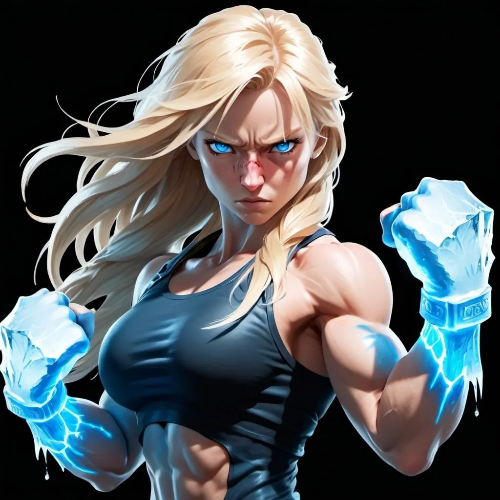 Prompt: Female figure. Greater bicep definition. Sharper, clearer blue eyes. Nosebleed. Long Blonde hair flapping. Frostier, glacier effects. Fierce combat stance. Raging Fists. Icy Knuckles. 