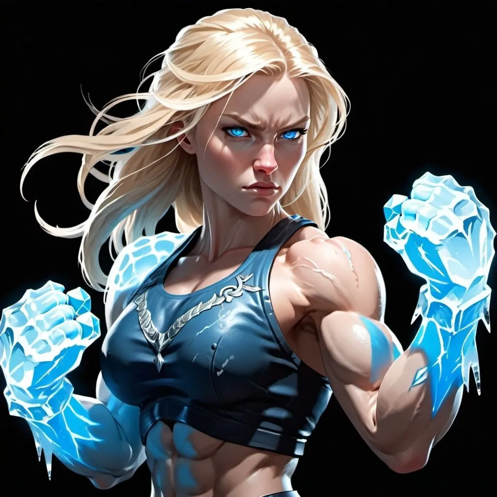 Prompt: Female figure. Greater bicep definition. Sharper, clearer blue eyes. Long Blonde hair flapping. Frostier, glacier effects. Fierce combat stance. Icy Knuckles. Raging Fists.