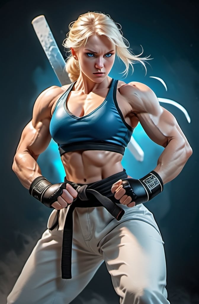 Prompt: Female figure. Greater bicep definition. Sharper, clearer blue eyes. Blonde hair flapping. Frostier, glacier effects. Fierce combat stance. Martial Artist.