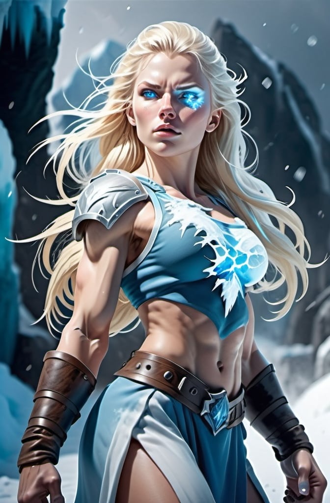 Prompt: Female figure. Greater bicep definition. Sharper, clearer blue eyes. Long Blonde hair flapping. Frostier, glacier effects. Fierce combat stance. Icy Knuckles. Surrounded by White Mist. 