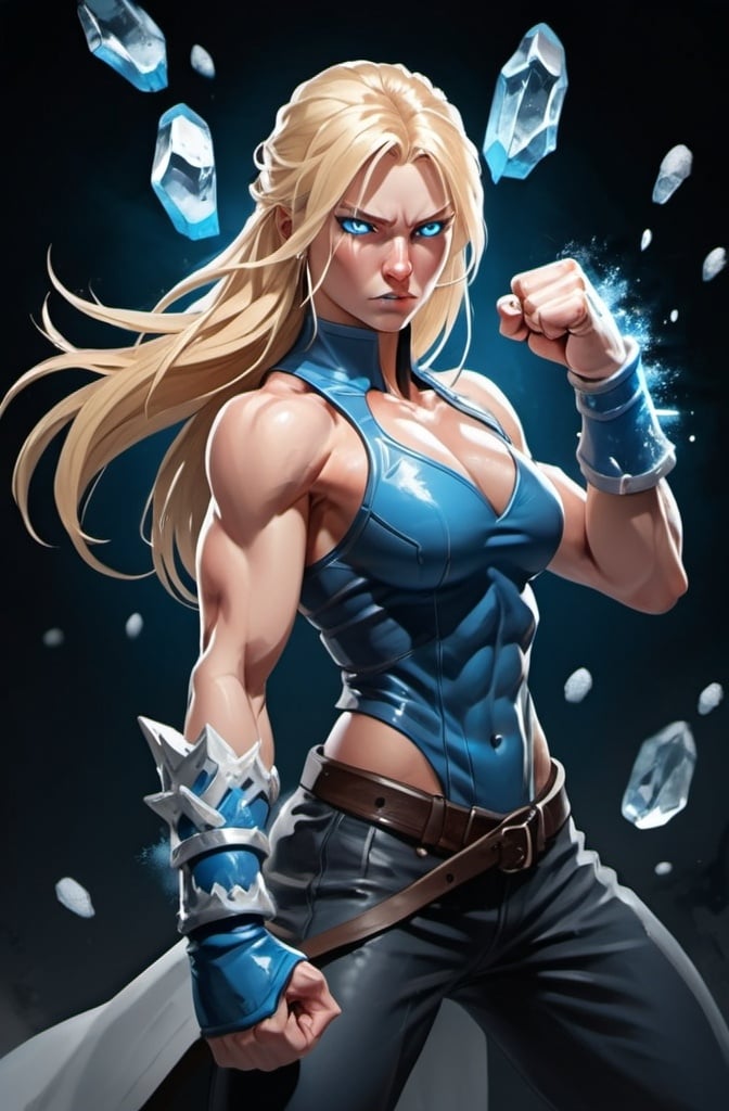 Prompt: Female figure. Greater bicep definition. Sharper, clearer blue eyes. Nosebleed. Long Blonde hair flapping. Frostier, glacier effects. Fierce combat stance. Raging Fists. Icy Knuckles.