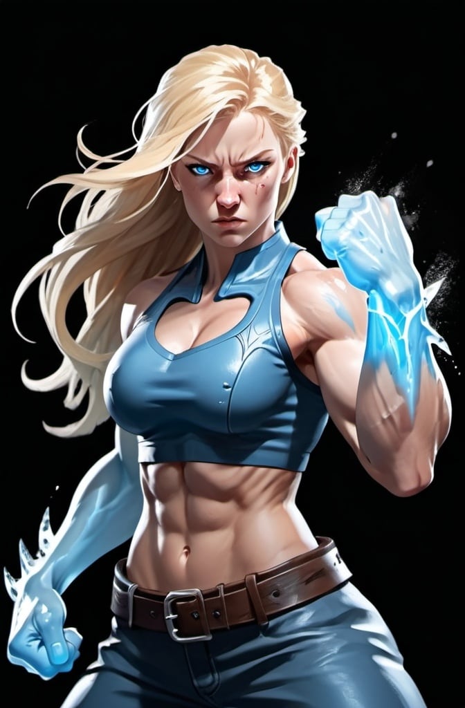 Prompt: Female figure. Greater bicep definition. Sharper, clearer blue eyes. Nosebleed. Long Blonde hair flapping. Frostier, glacier effects. Fierce combat stance. Raging Fists. Icy Knuckles.