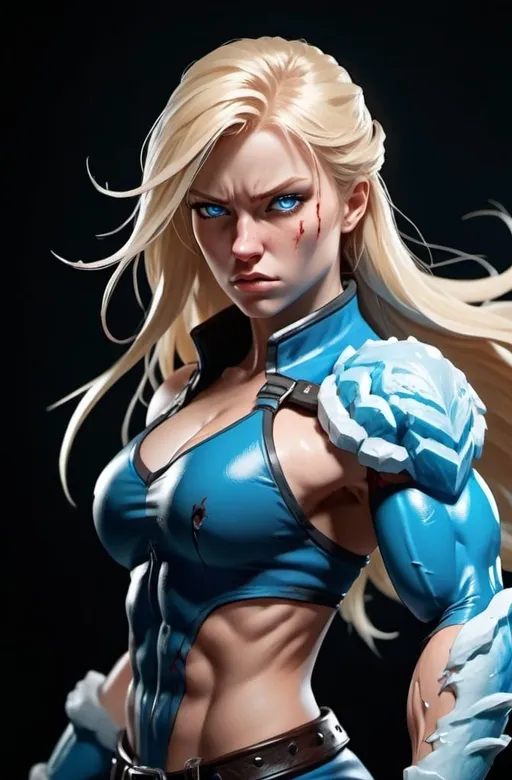 Prompt: Female figure. Greater bicep definition. Sharper, clearer blue eyes. Bleeding. Long Blonde hair flapping. Frostier, glacier effects. Fierce combat stance. Raging Fists. Icy Knuckles.