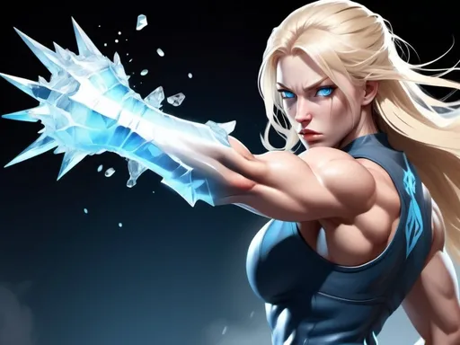 Prompt: Female figure. Greater bicep definition. Sharper, clearer blue eyes. Nosebleed. Long Blonde hair flapping. Frostier, glacier effects. Fierce combat stance. Raging Fists. Icy Knuckles.