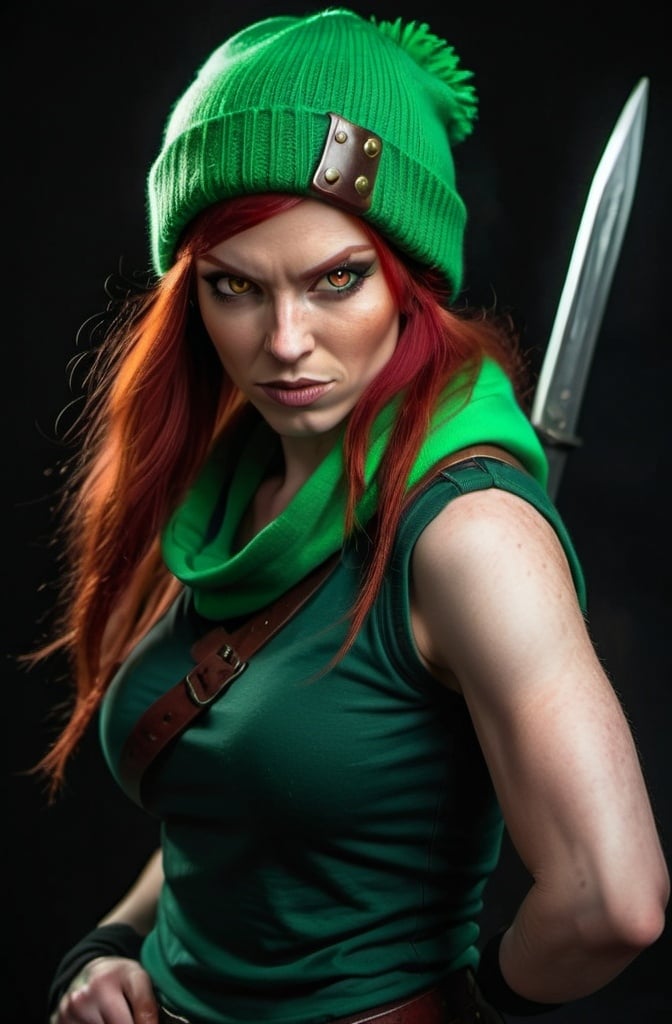 Prompt: Evil red-haired warrior woman, wearing a green beanie and a mischievous smirk. Carmine, red eyes. Fierce combat stance. 