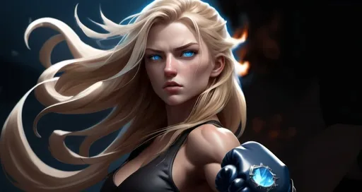 Prompt: Female figure. Greater bicep definition. Sharper, clearer blue eyes. Nosebleed. Long Blonde hair flapping. Frostier, glacier effects. Fierce combat stance. Raging Fists. Icy Knuckles.