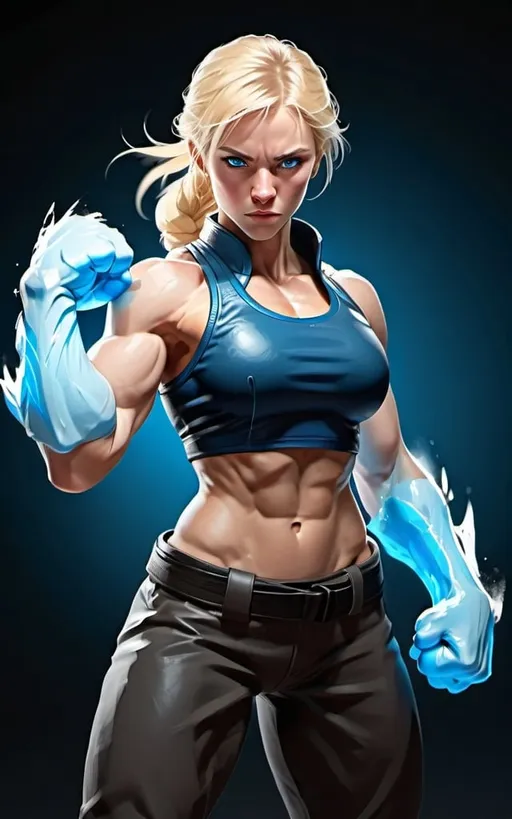 Prompt: Female figure. Greater bicep definition. Sharper, clearer blue eyes. Blonde hair flapping. Frostier, glacier effects. Fierce combat stance. Martial artist. 