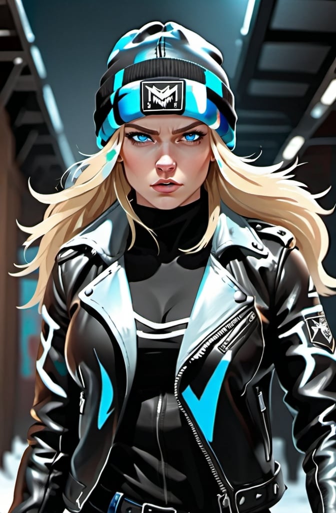 Prompt: Female figure. Greater bicep definition. Sharper, clearer blue eyes. Long Blonde hair flapping. Leather Jacket. Black Beanie Frostier, glacier effects. Fierce combat stance.