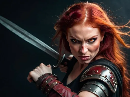 Prompt: Evil red-haired warrior woman with a mischievous grin. Carmine, red eyes. Fierce combat stance.