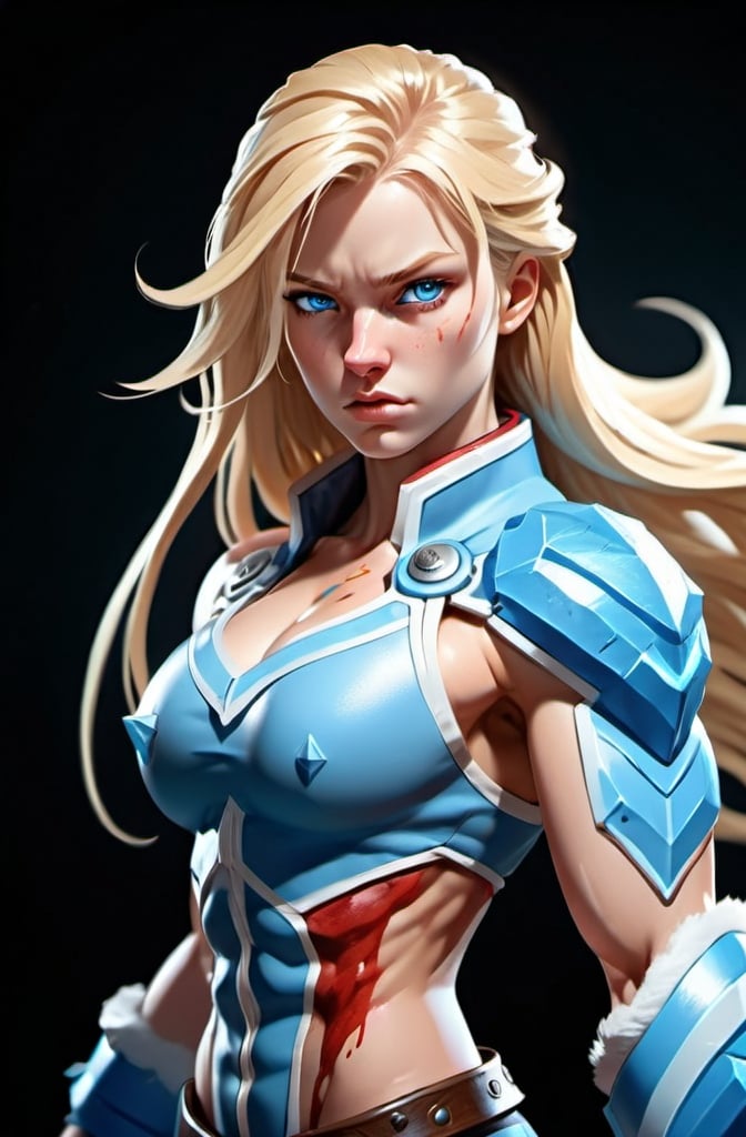 Prompt: Female figure. Greater bicep definition. Sharper, clearer blue eyes. Nosebleed. Long Blonde hair flapping. Frostier, glacier effects. Fierce combat stance. Icy Knuckles.