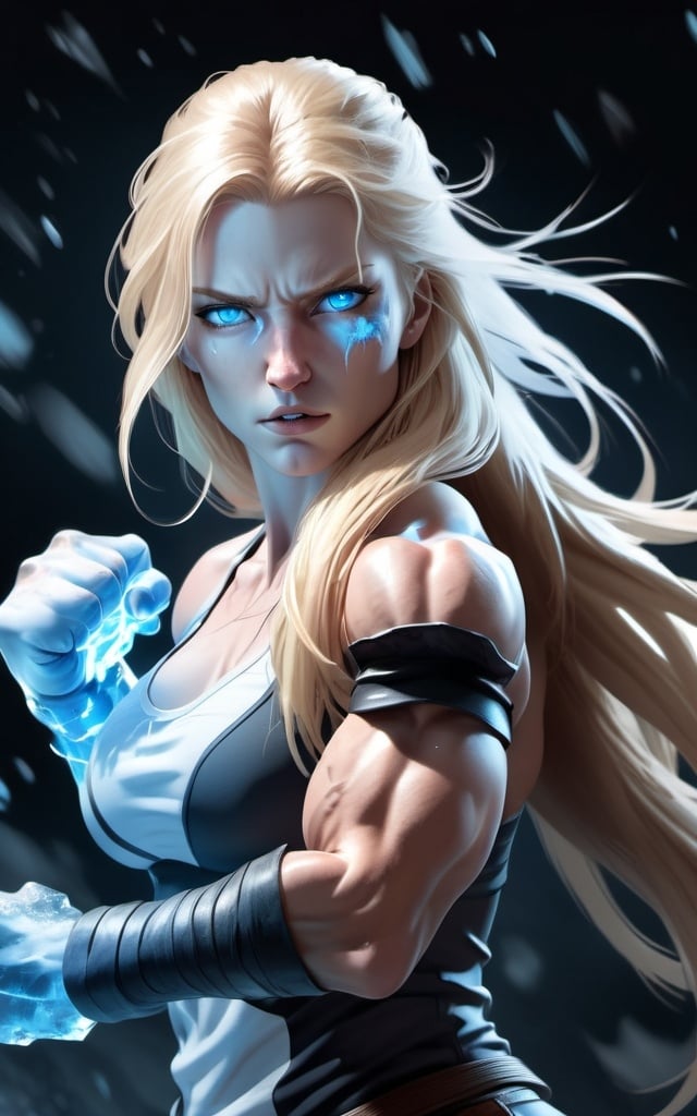 Prompt: Female figure. Greater bicep definition. Sharper, clearer blue eyes. Nosebleed. Long Blonde hair flapping. Frostier, glacier effects. Fierce combat stance. Raging Fists. Icy Knuckles.