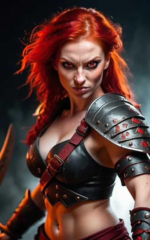 Prompt: Evil red-haired warrior woman with a mischievous grin. Carmine, red eyes. Fierce combat stance.