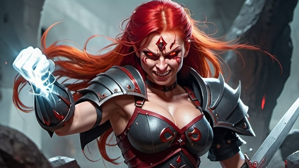 Prompt: Evil red-haired warrior woman with a mischievous grin. Carmine, red eyes. Fierce combat stance.