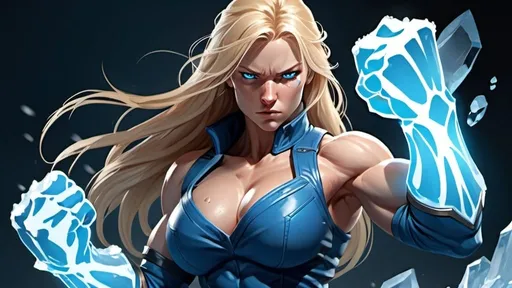 Prompt: Female figure. Greater bicep definition. Sharper, clearer blue eyes. Nosebleed. Long Blonde hair flapping. Blue outfit. Frostier, glacier effects. Fierce combat stance. Raging Fists. Icy Knuckles. 