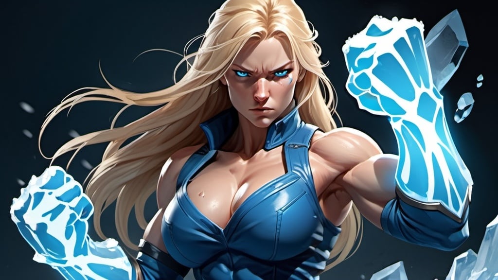 Prompt: Female figure. Greater bicep definition. Sharper, clearer blue eyes. Nosebleed. Long Blonde hair flapping. Blue outfit. Frostier, glacier effects. Fierce combat stance. Raging Fists. Icy Knuckles. 