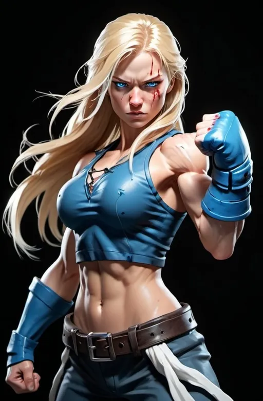 Prompt: Female figure. Greater bicep definition. Sharper, clearer blue eyes. Bleeding. Long Blonde hair flapping. Frostier, glacier effects. Fierce combat stance. Raging Fists. 