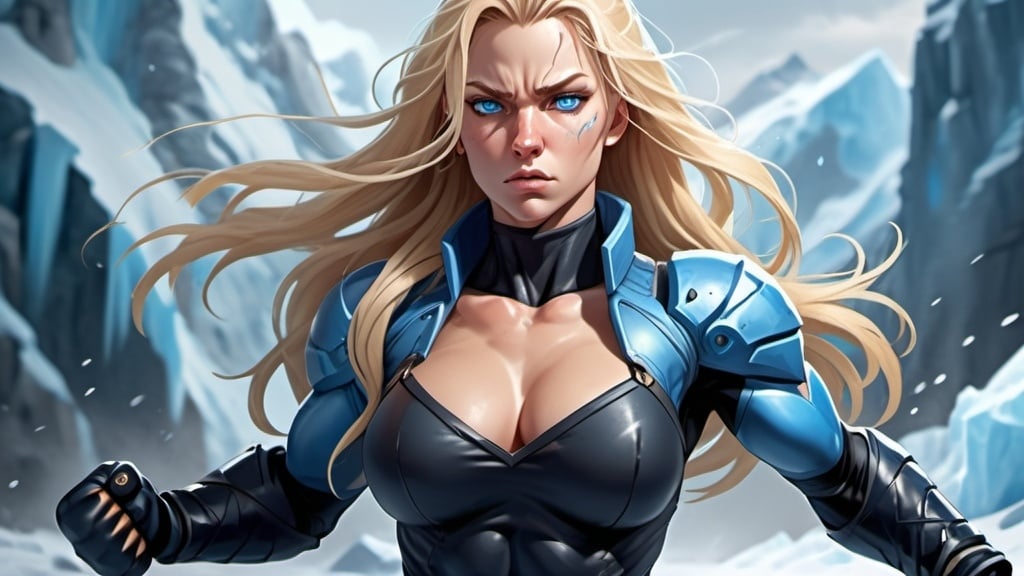 Prompt: Female figure. Greater bicep definition. Sharper, clearer blue eyes. Nosebleed. Long Blonde hair flapping. Blue outfit. Frostier, glacier effects. Fierce combat stance. Raging Fists. Icy Knuckles. 