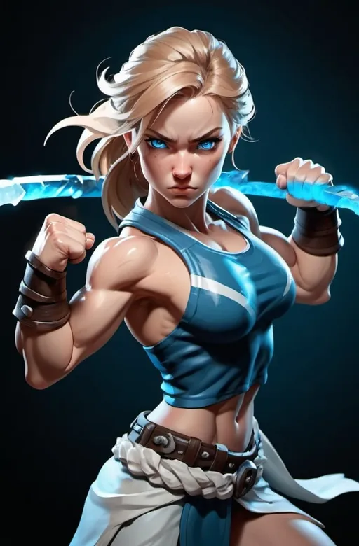 Prompt: Female figure. Greater bicep definition. Sharper, clearer blue eyes.  Frostier, glacier effects.  Fierce combat stance. Raging Fists. 