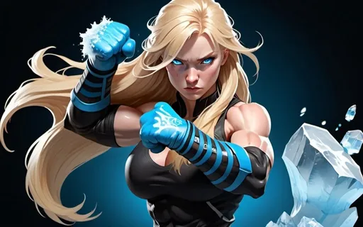 Prompt: Female figure. Greater bicep definition. Sharper, clearer blue eyes. Nosebleed. Long Blonde hair flapping. Frostier, glacier effects. Fierce combat stance. Raging Fists. Icy Knuckles. 