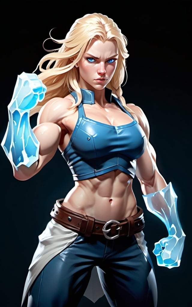 Prompt: Female figure. Greater bicep definition. Sharper, clearer blue eyes. Long Blonde hair flapping. Frostier, glacier effects. Fierce combat stance. Icy Knuckles.